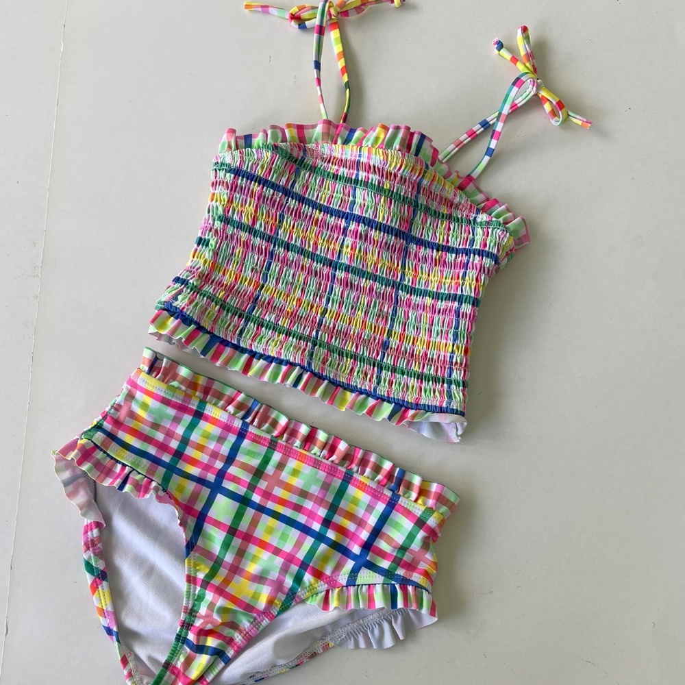 Girls Multicolor Plaid Tankini Set - Pink, Yellow & Blue